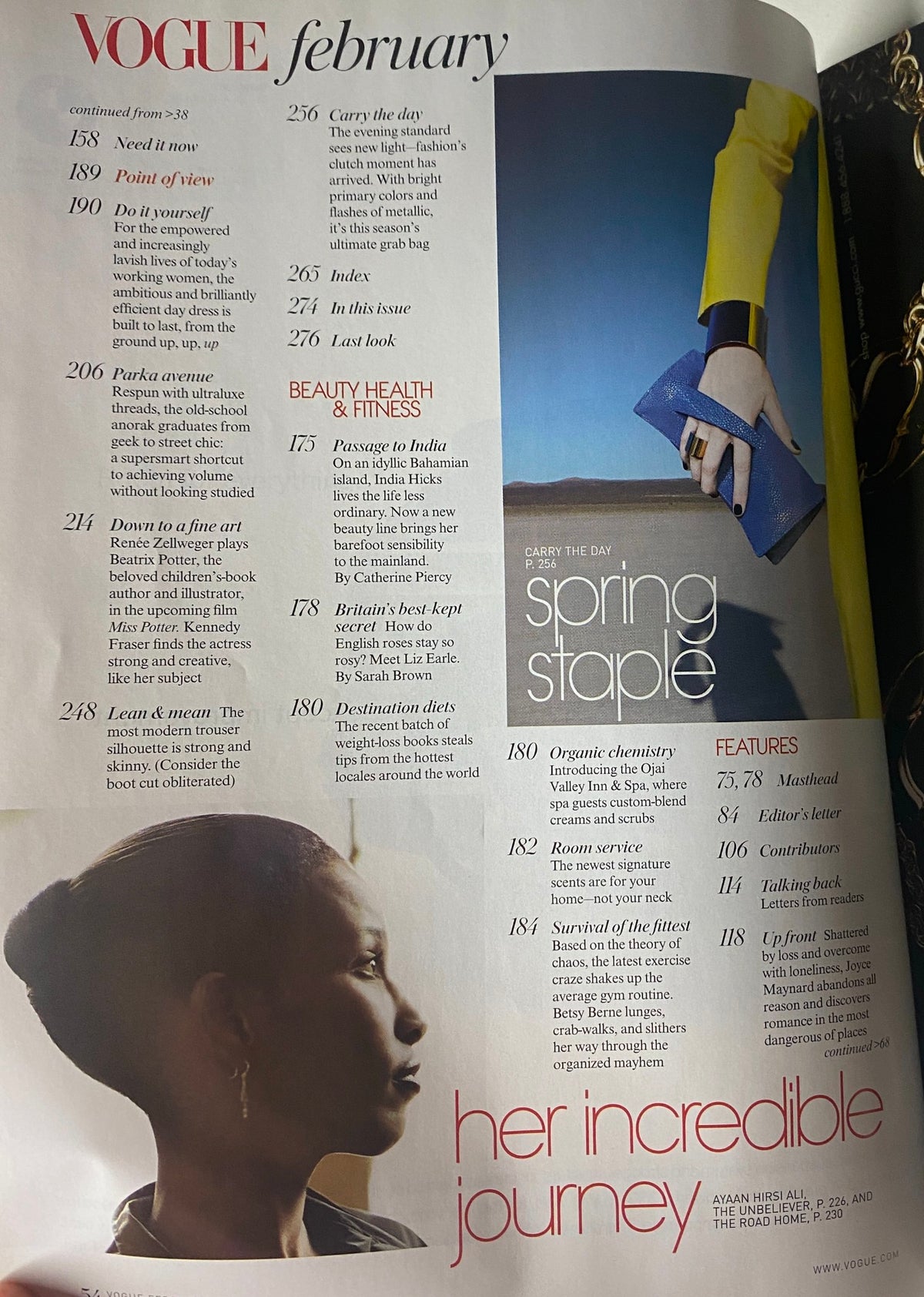 Interior page of Vogue Magazine February 2007 displaying the contents section, including features such as 'Her Incredible Journey' and 'Spring Staple'.