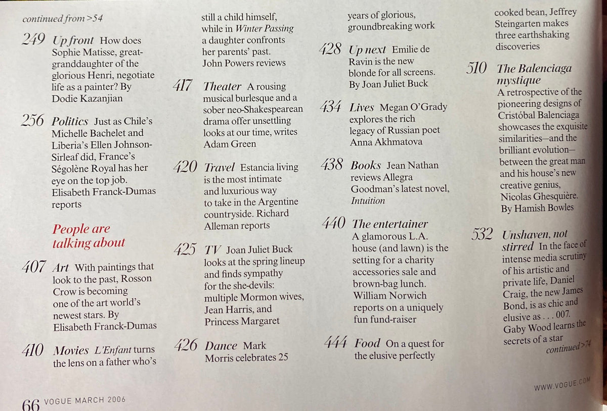 Interior page of Vogue Magazine March 2006 featuring the section 'People are Talking About' with notable articles including 'Up Front: Sophie Matisse' and 'Movies: L’Enfant'.