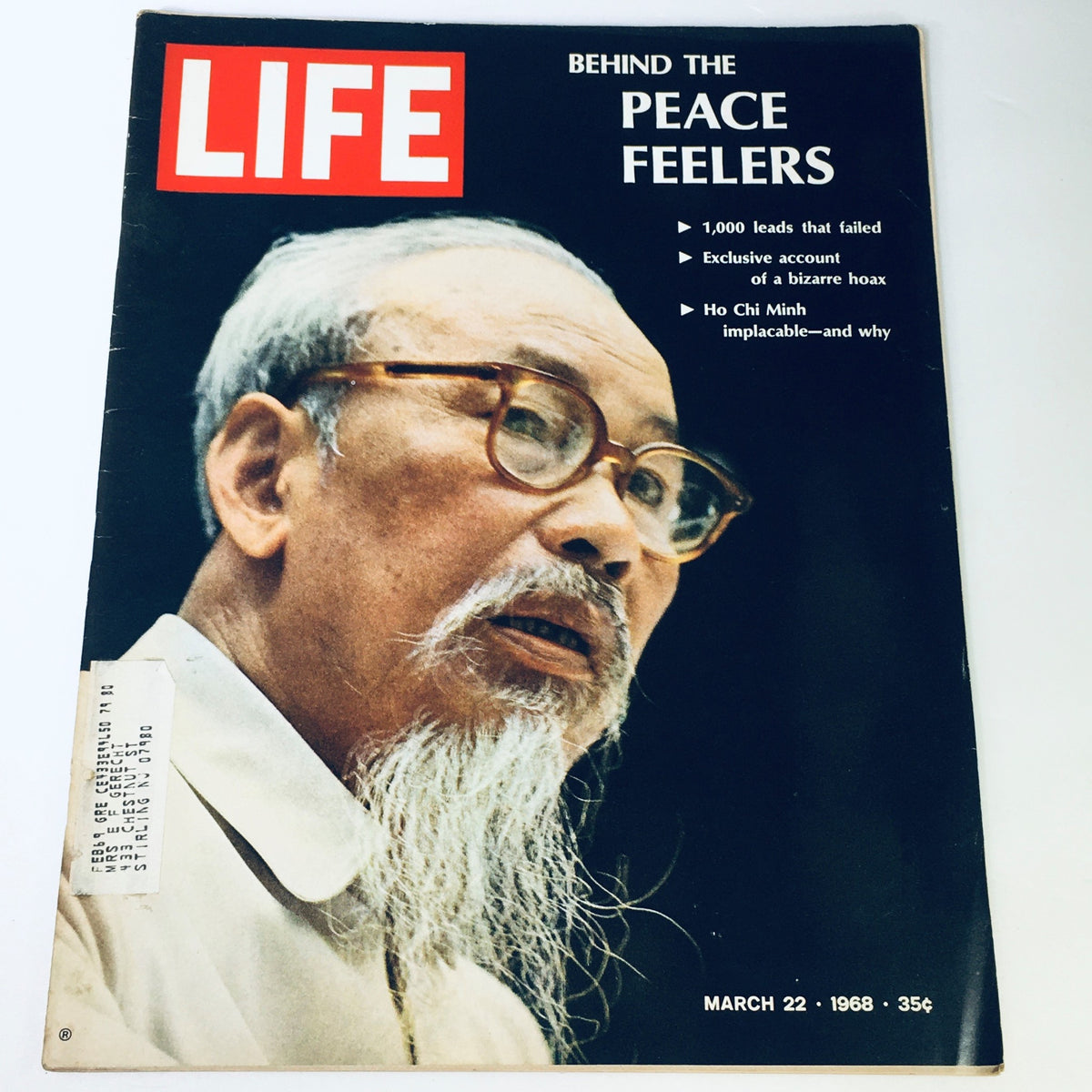 VTG Life Magazine March 22, 1968 featuring Ho Chi Minh on the cover with the title 'Behind The Peace Feelers'. The magazine explores the political climate of the 1960s and the complexities of Vietnam War peace efforts.
