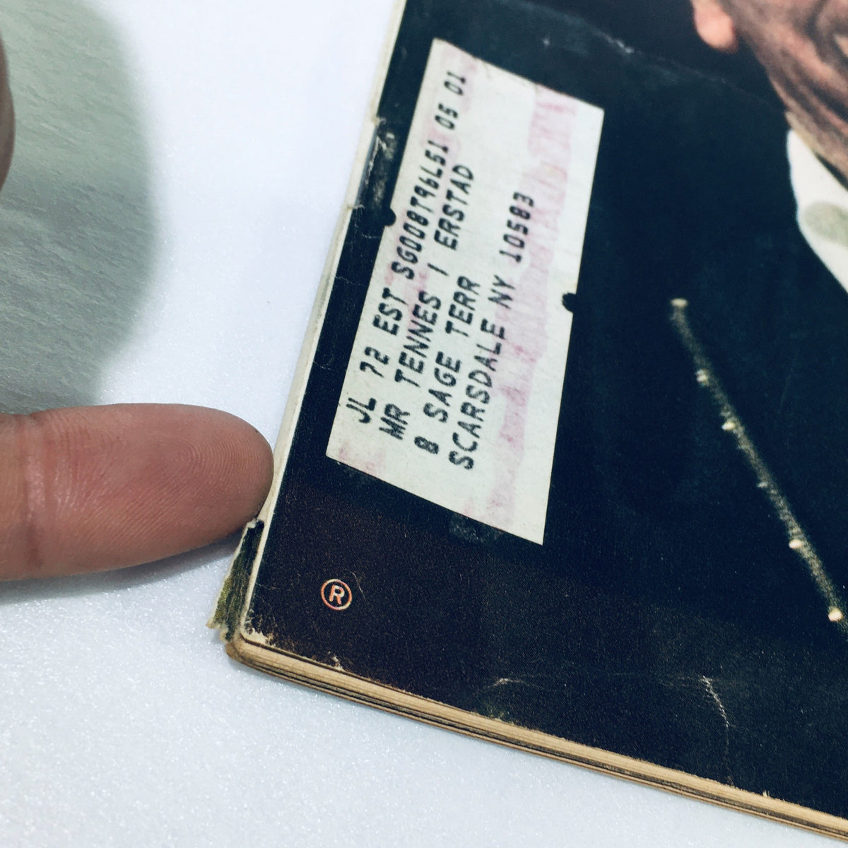 Close-up image of the corner of the June 25, 1971 Life Magazine featuring Frank Sinatra Says Goodbye & Amen After 30 Yrs., showing an address label and signs of vintage wear, suitable for collectors.