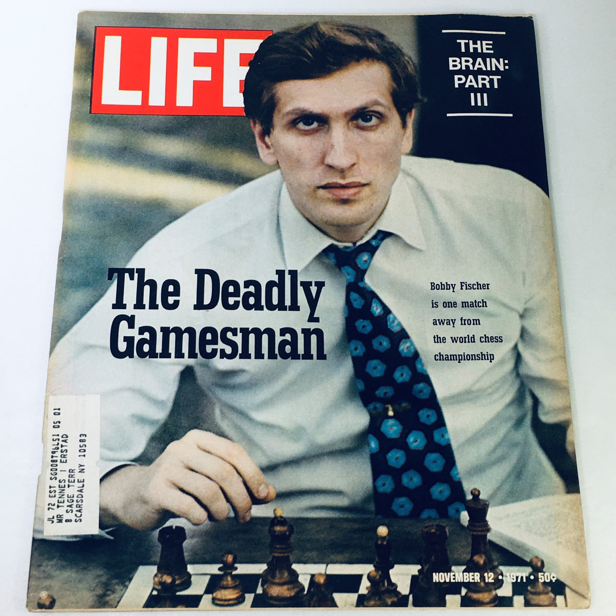 Vintage Life Magazine cover from November 12, 1971, featuring the title 'The Deadly Gamesman' with an image of Bobby Fischer and a chessboard, highlighting the significance of competitive gaming and cultural history.