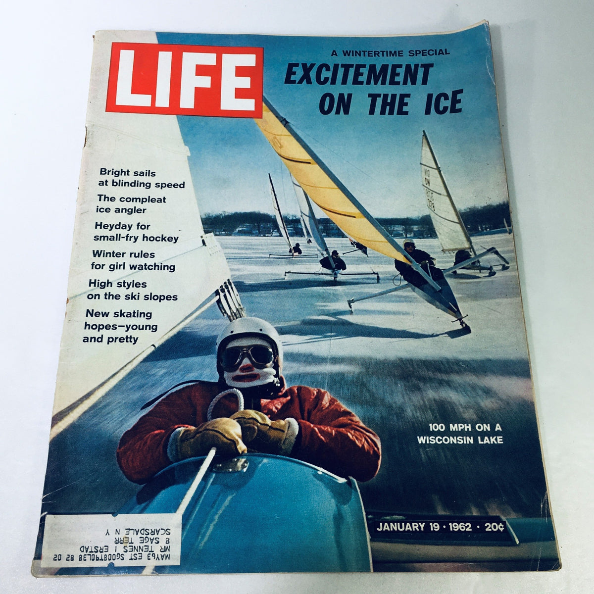 Vintage Life Magazine cover from January 19, 1962 featuring 'Excitement On The Ice' with a winter sports theme. The cover showcases ice sailing on a frozen lake, highlighting the thrill of winter sports and high style skiing.