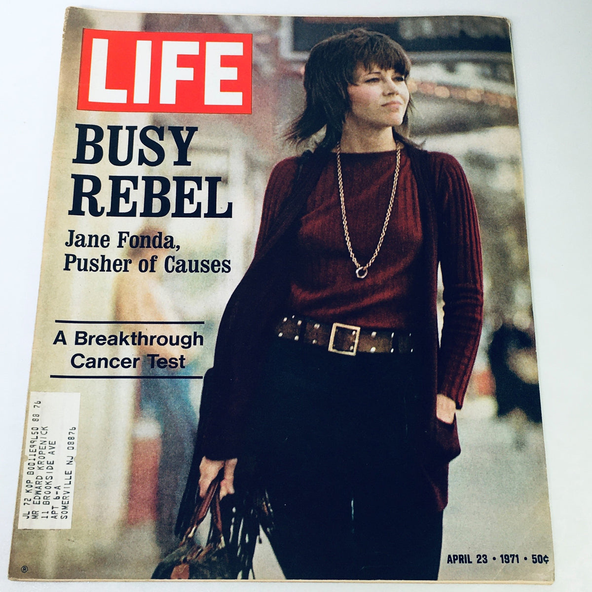 Cover of VTG Life Magazine April 23 1971 featuring Jane Fonda labeled 'Busy Rebel' as a 'Pusher of Causes', showcasing her impactful role in activism.