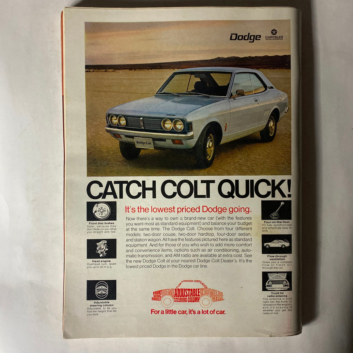 Advertisement for Dodge Colt showcasing the car model with promotional text from a vintage magazine.