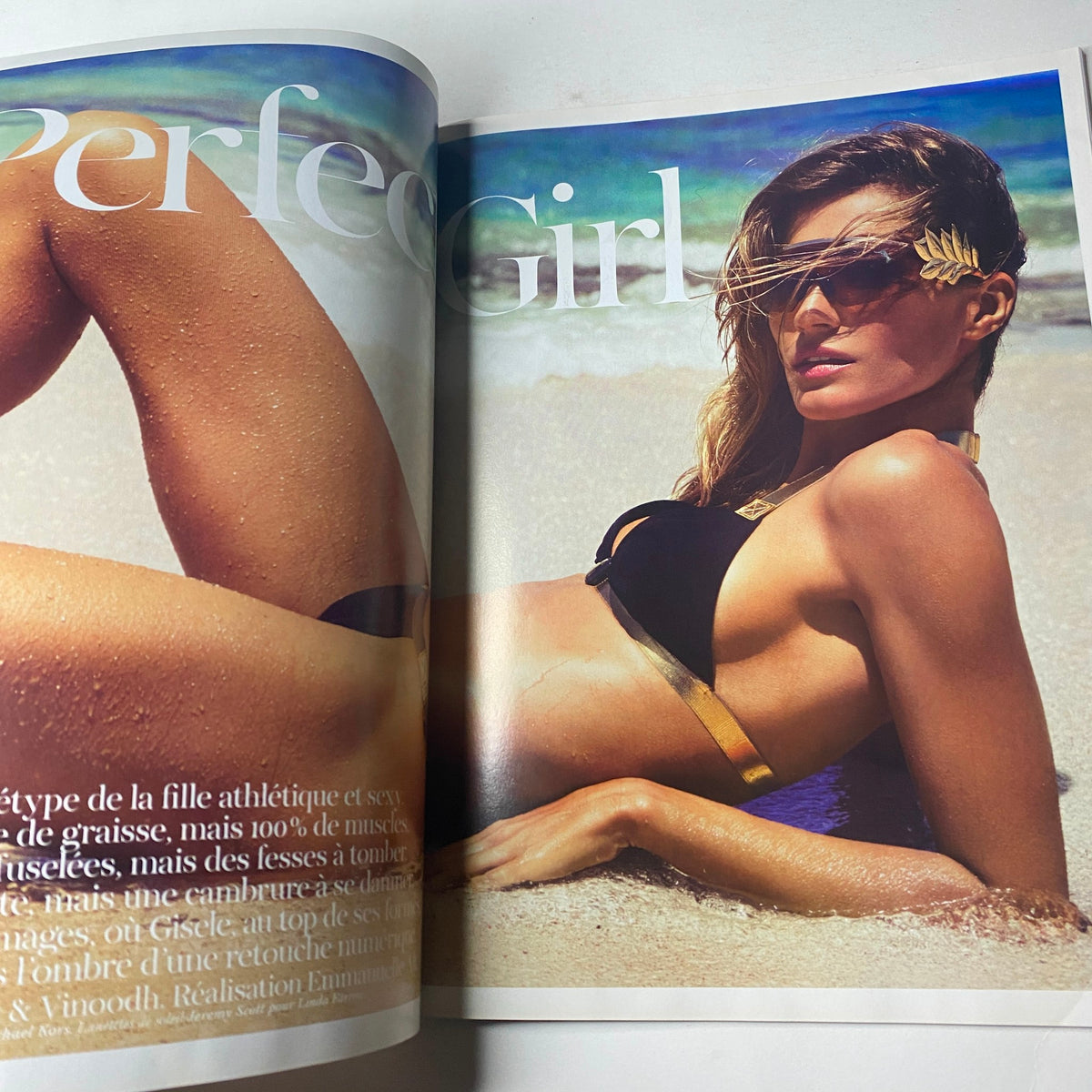 Inside spread from Vogue Paris Magazine June - July 2012 No. 928 showcasing Gisele Bündchen epitomizing the 'Perfect Girl' concept with stylish beachwear, emphasizing fashion and wellness.