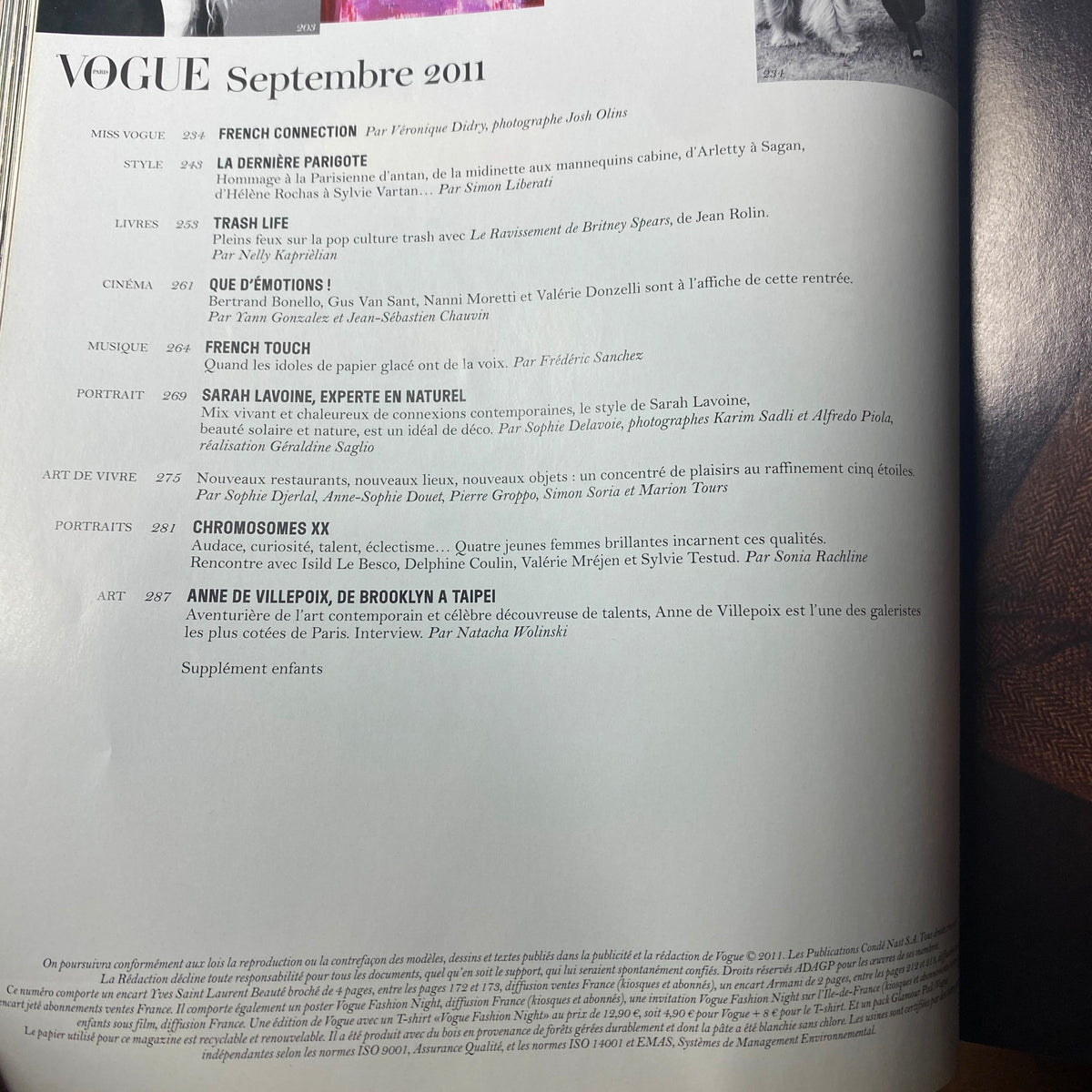 Contents page of Vogue Paris Magazine, September 2011 No. 920, detailing featured articles including 'French Connection' and 'La Dernière Parigote'.