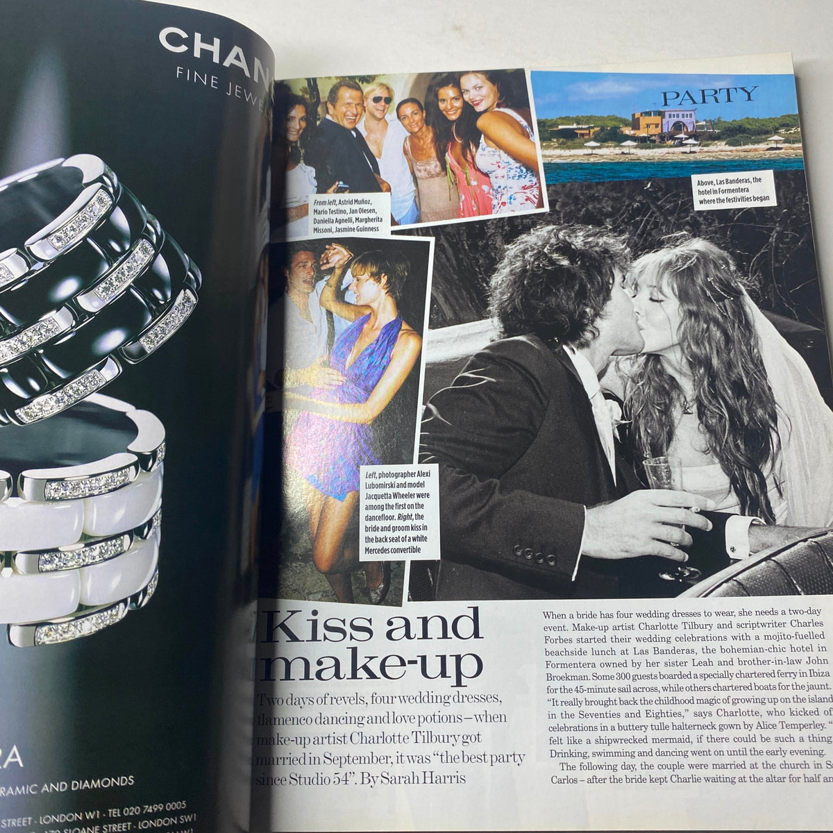 Inside Vogue British Magazine November 2006 featuring an article on weddings and beauty tips with a focus on Charlotte Tilbury. The page showcases social events with vibrant images.