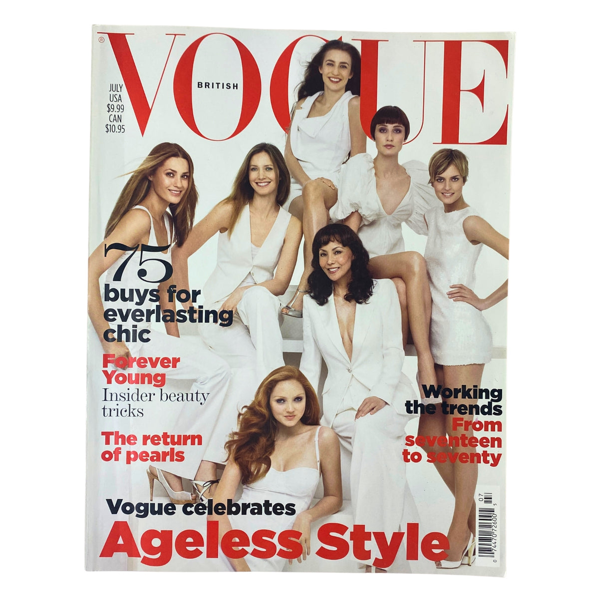 British Vogue magazine cover for July 2007 featuring Daria Werbowy and Jessica Stam, celebrating ageless style with seven models in white outfits, highlighting timeless fashion and beauty trends.