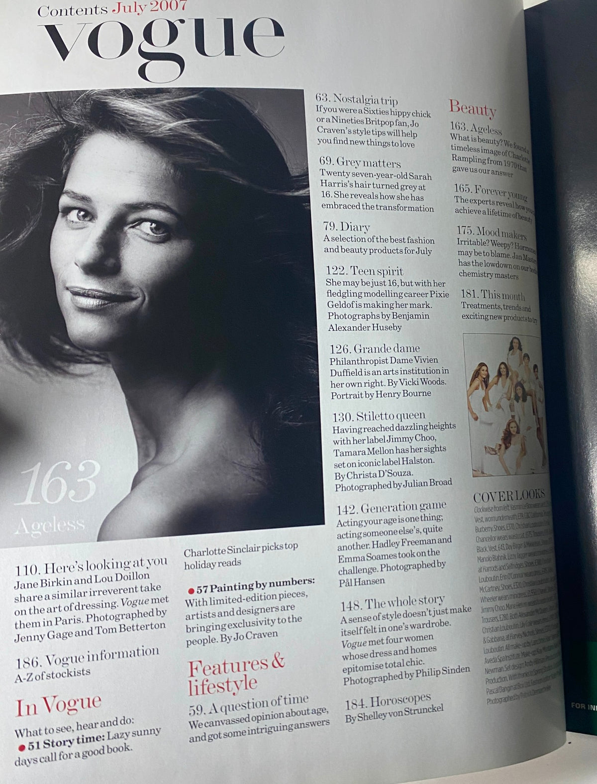 Contents page of Vogue British Magazine July 2007, listing articles and features including 'Ageless' and 'Nostalgic Trip,' highlighting notable fashion topics.