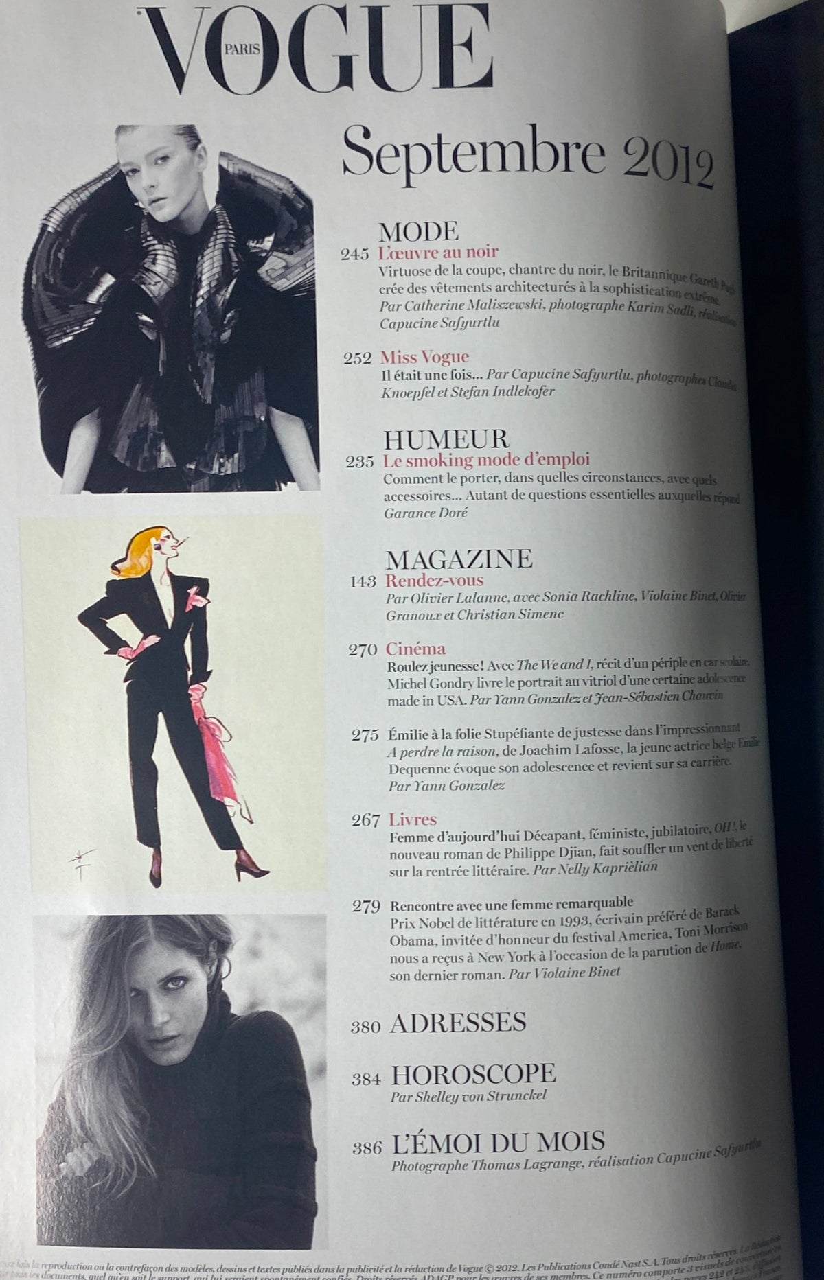 Vogue Paris Magazine September 2012 featuring a stylish layout of editorial highlights including fashion features like 'L’œuvre au noir' and 'Miss Vogue: Il était une fois...'. Cover features Kate Moss in a powerful autumn edition.