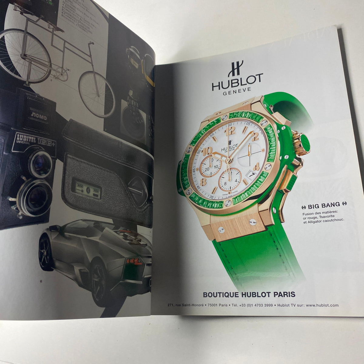 An advertisement for Hublot watches in Vogue Paris Magazine December 2009, featuring a luxury timepiece displayed alongside stylish objects.