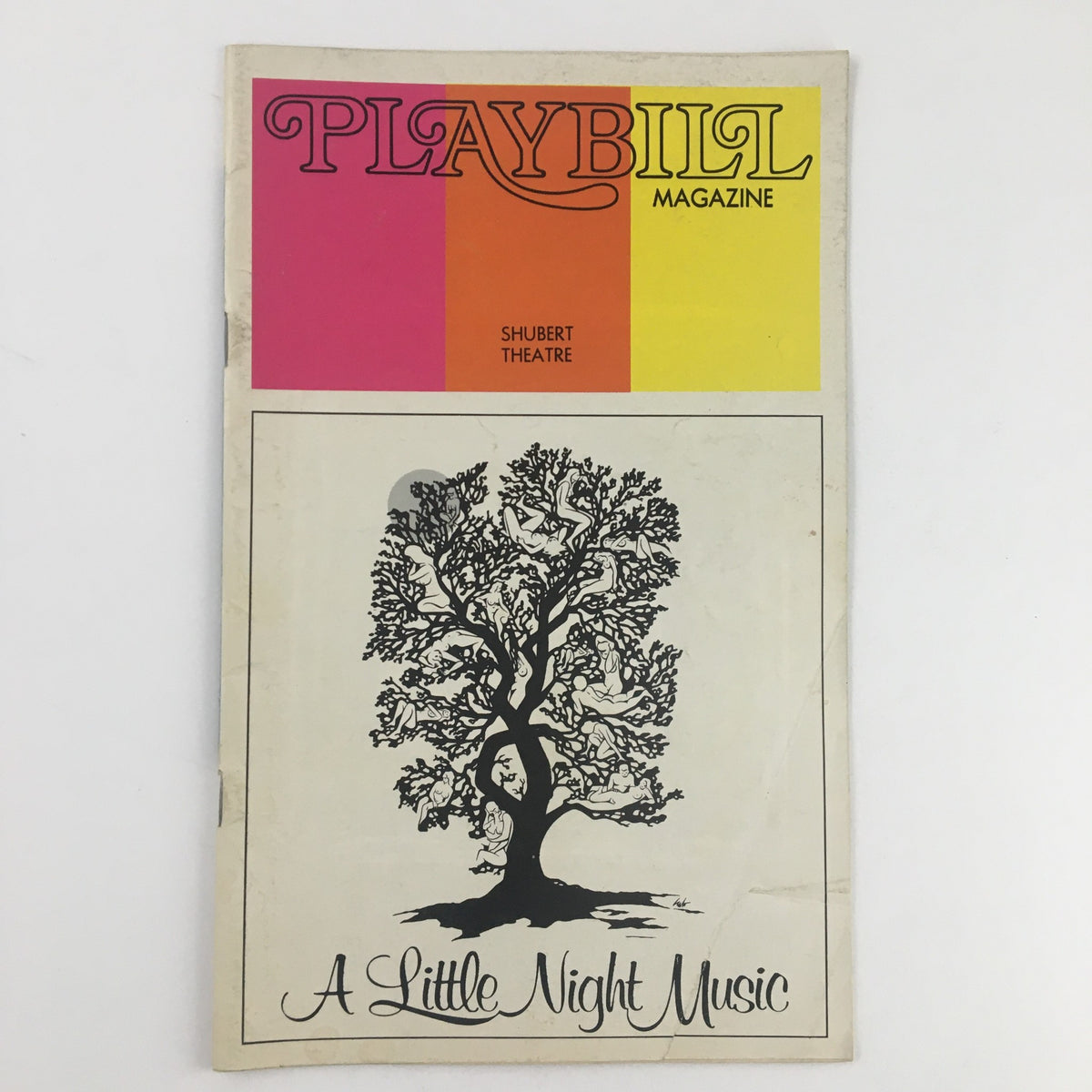 1973 Playbill for A Little Night Music presented at Shubert Theatre, featuring an artistic cover with a tree design and the title prominently displayed.