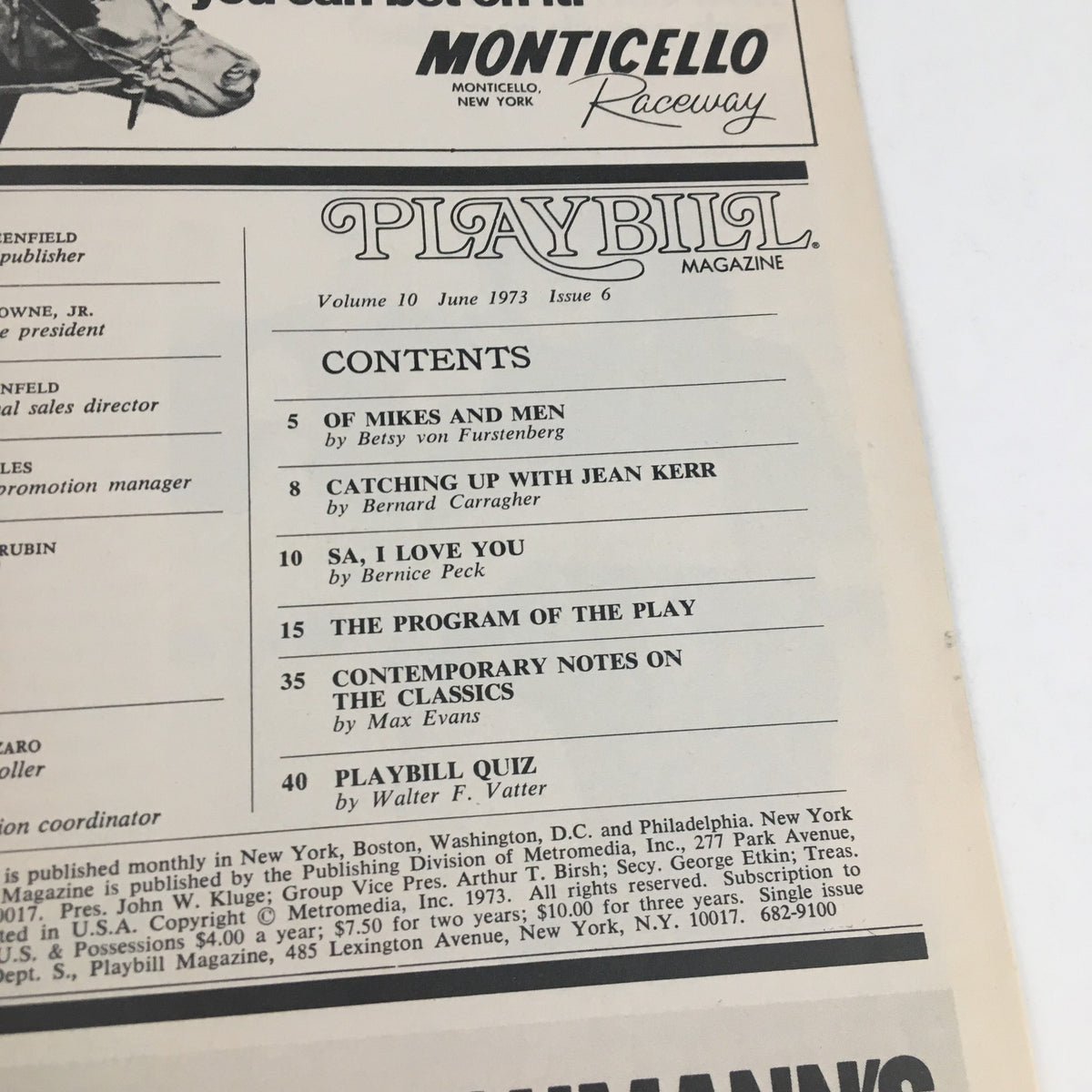 Interior page of the 1973 Playbill for A Little Night Music, showing the contents section with various articles and topics listed.