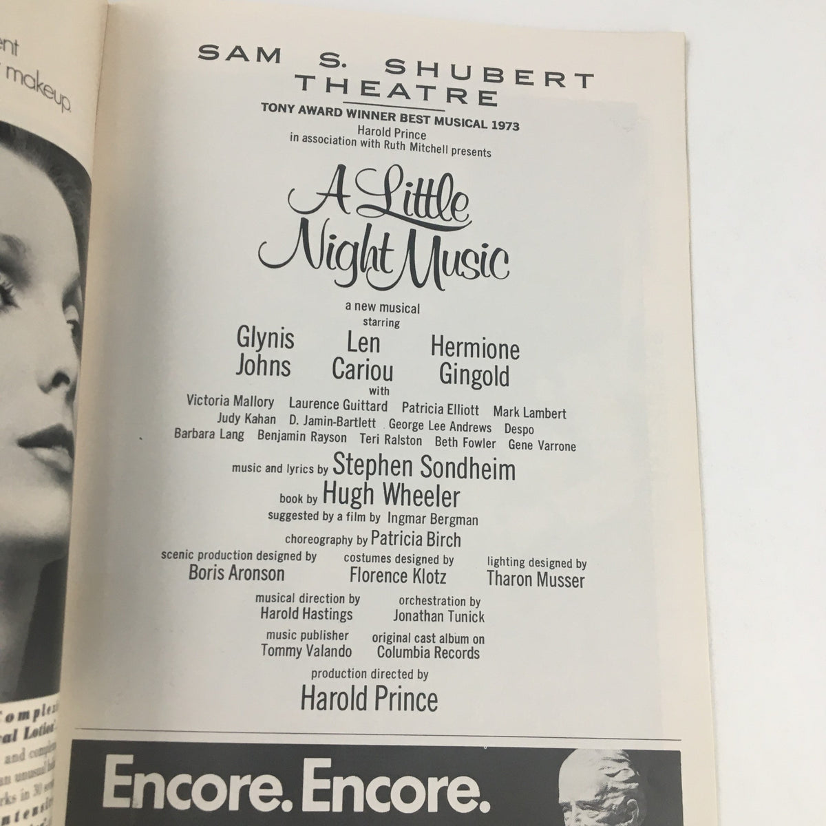 Section of the 1973 Playbill for A Little Night Music highlighting the cast and production details including notable names and positions involved in the musical.