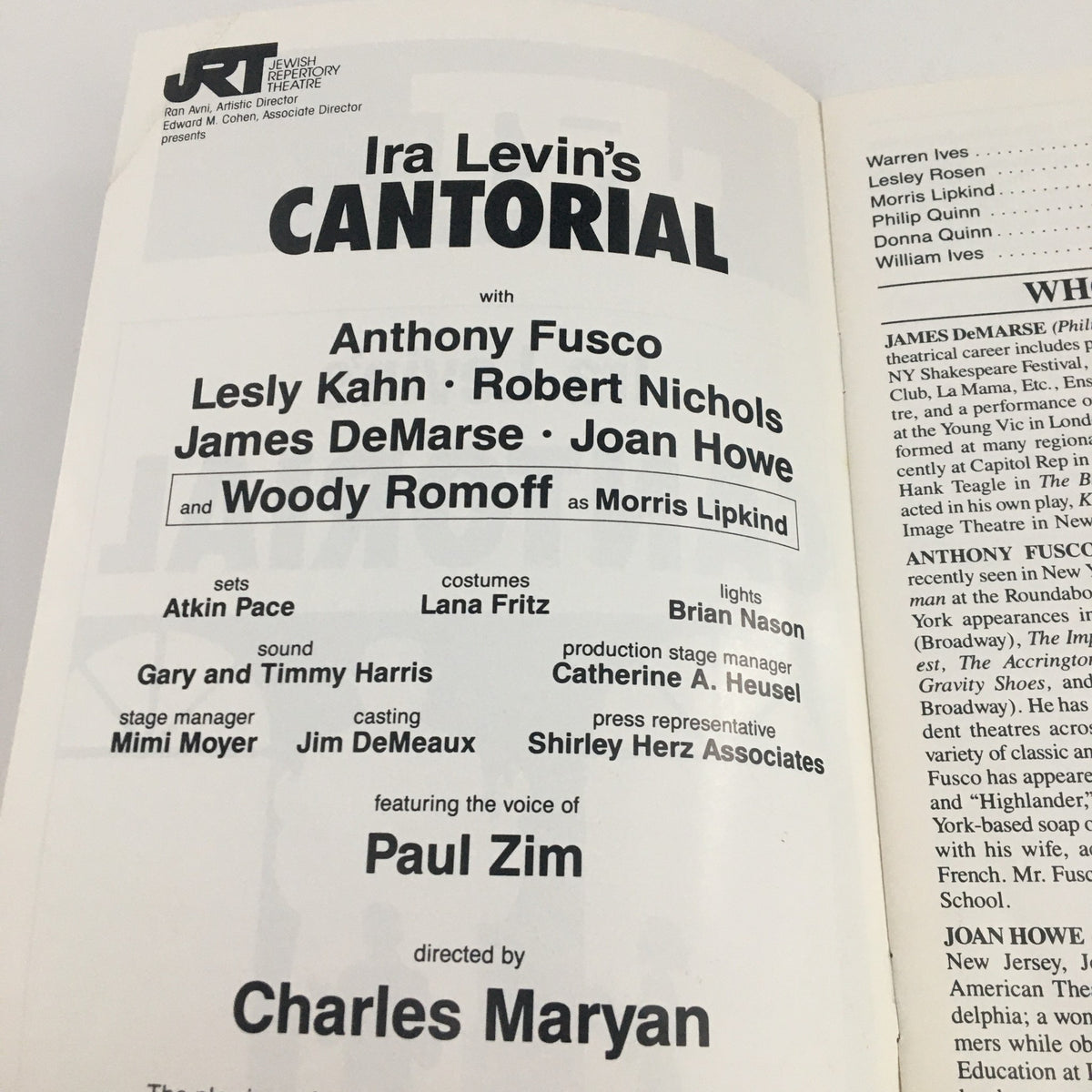 2005 Jewish Repertory Theatre cast list for Ira Levin's Cantorial, highlighting performers Anthony Fusco, Lesly Kahn, and Robert Nichols.