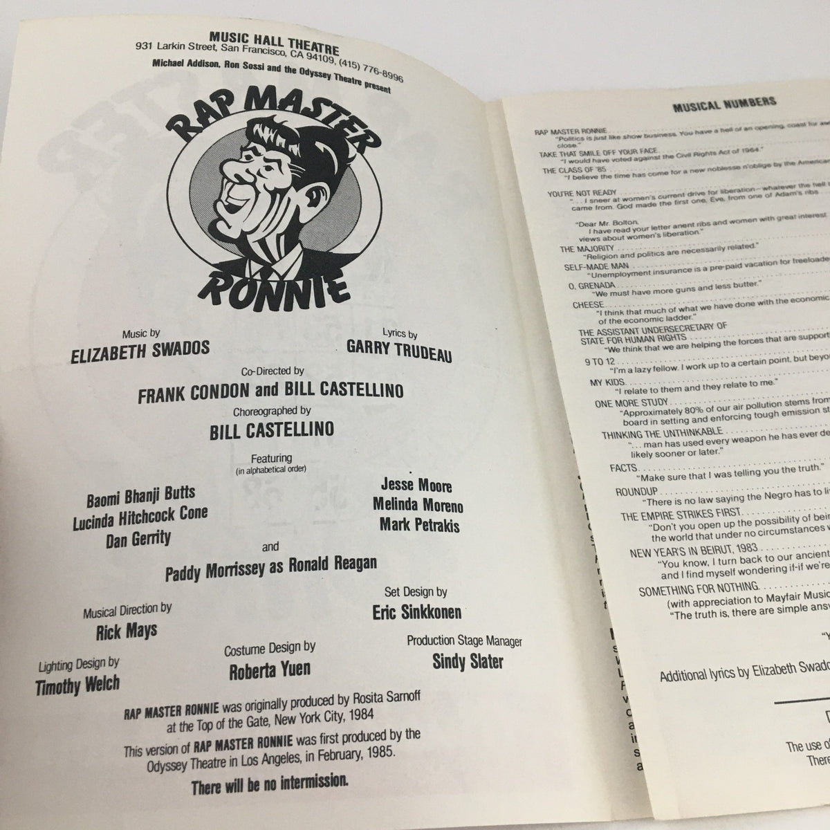 Inside view of the program for 'Rap Master Ronnie' detailing the cast and crew names, choreographed by Bill Castellino. Features credits for musical numbers and character descriptions.
