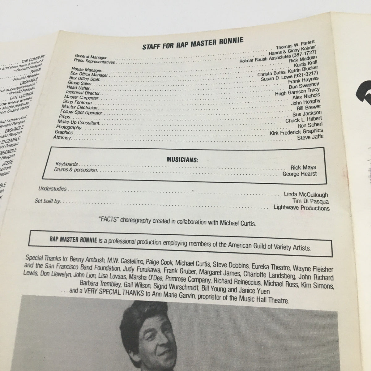 Another interior page of the 'Rap Master Ronnie' program listing production staff and musical contributors, emphasizing the collaborative nature of the show.