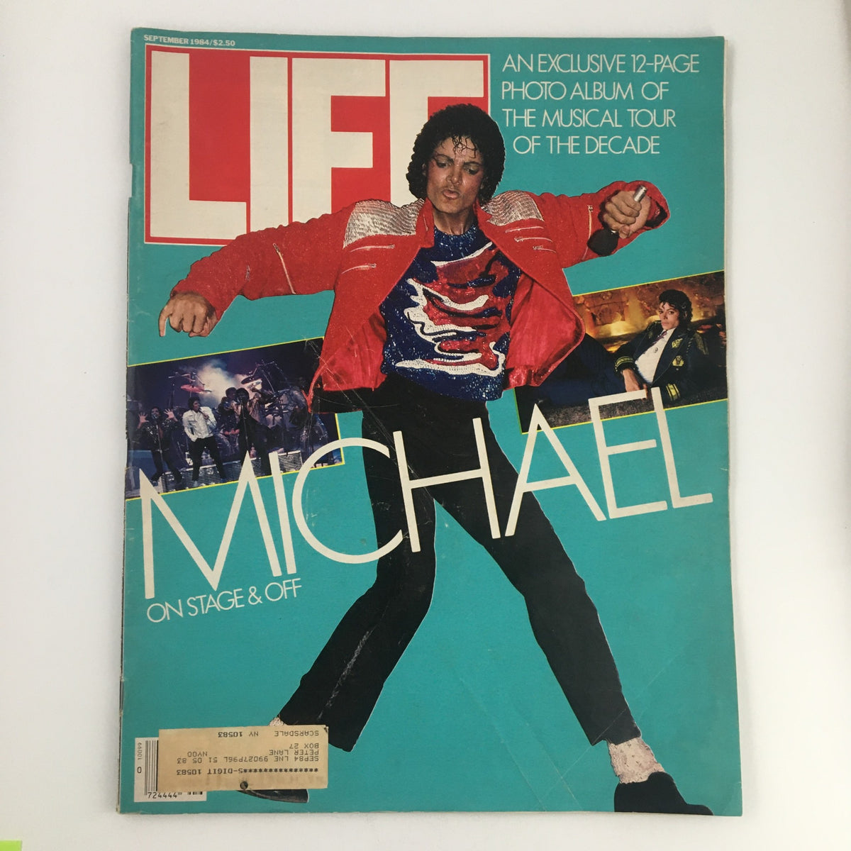 Life Magazine September 1984 cover featuring Michael Jackson, the King of Pop, on stage with vibrant colors and dynamic pose, showcasing a piece of music history.