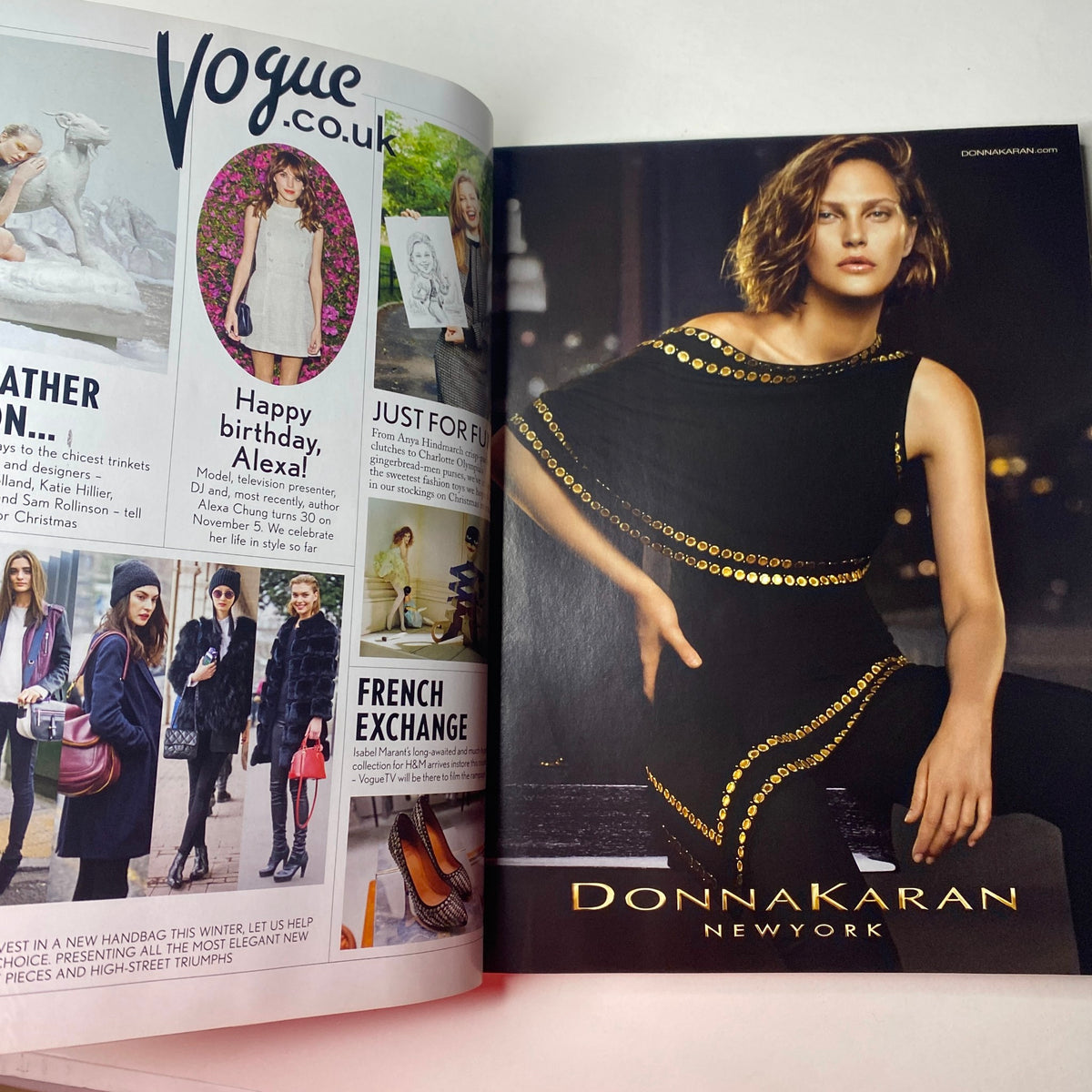 Vogue British Magazine December 2013 featuring a fashion spread on Donna Karan New York attire, showcasing elegant winter styles and a birthday greeting for actress Alexa Chung.