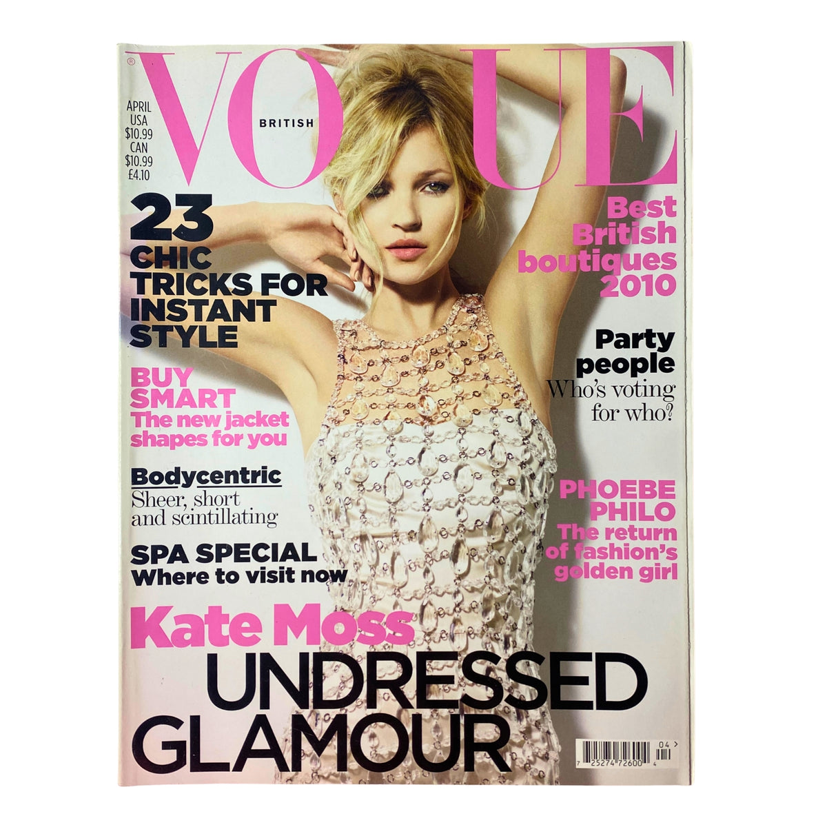 Cover of Vogue British Magazine April 2010 featuring Kate Moss in a handcrafted dress, highlighting themes of undressed glamour and elegance, suitable for collectors and fashion enthusiasts.
