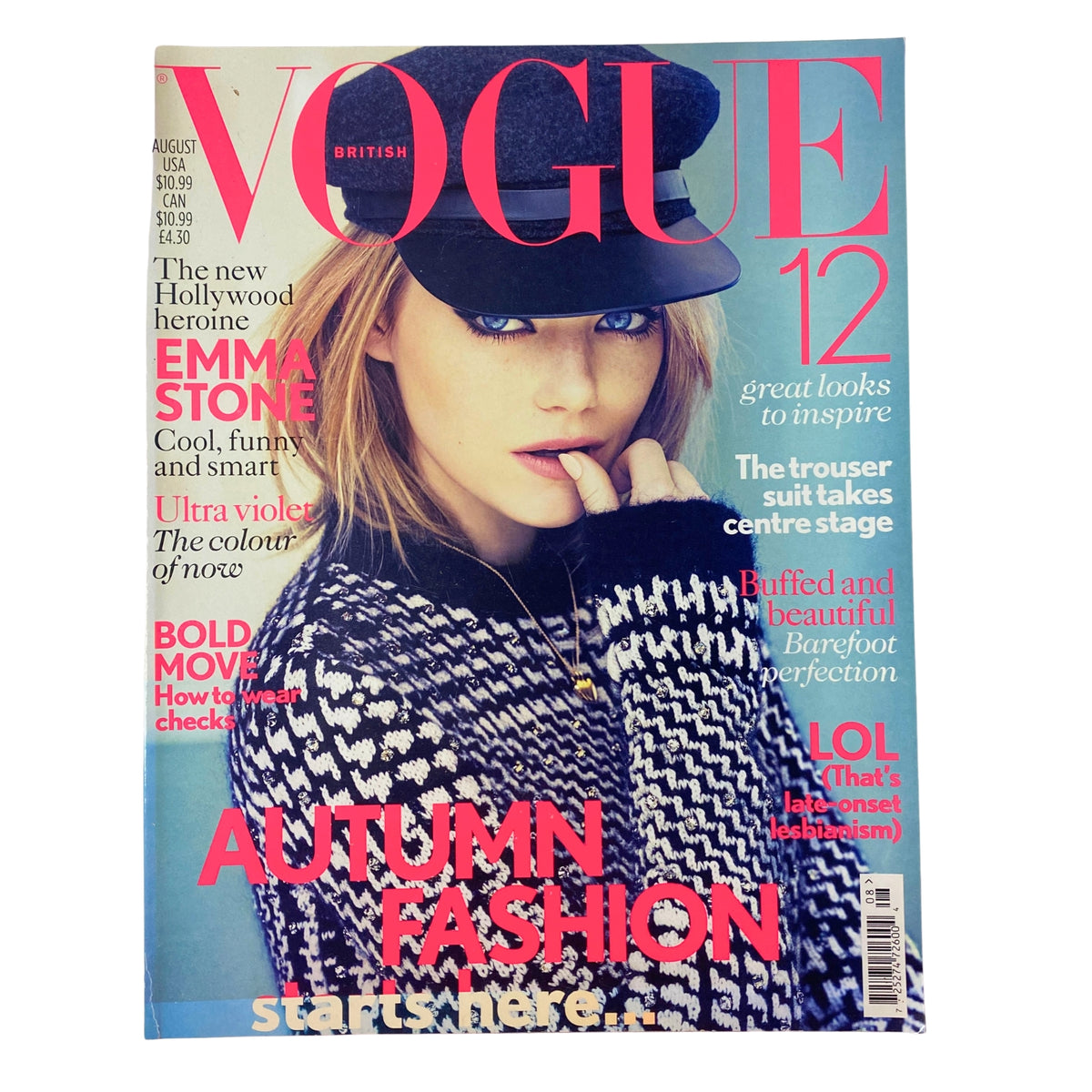 Vogue British Magazine August 2012 Emma Stone Cover No Label VG, showcasing Emma Stone in a stylish monochrome outfit, wearing a houndstooth cap, with bold text highlighting Autumn Fashion.