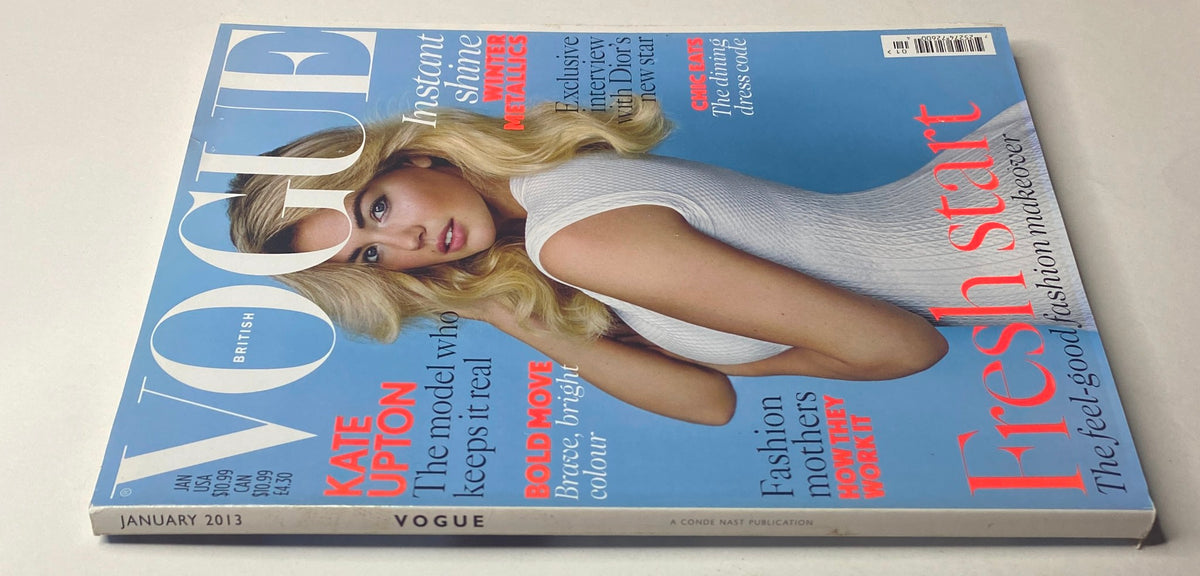 Vogue British Magazine January 2013 displayed at an angle, featuring Kate Upton on the cover with bold color and fashion insights.