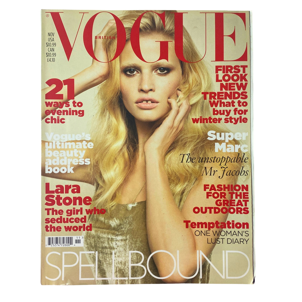 Cover of Vogue British Magazine November 2010 featuring model Lara Stone. Highlights include '21 ways to evening chic', 'Fashion for the Great Outdoors', and the feature 'The Girl Who Seduced the World'. Cover design emphasizes luxury and winter fashion.
