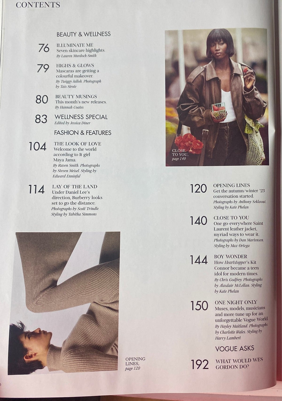 Second contents page of Vogue British Magazine August 2023, displaying features on beauty, fashion, and interviews, with striking photography of models in stylish outfits.
