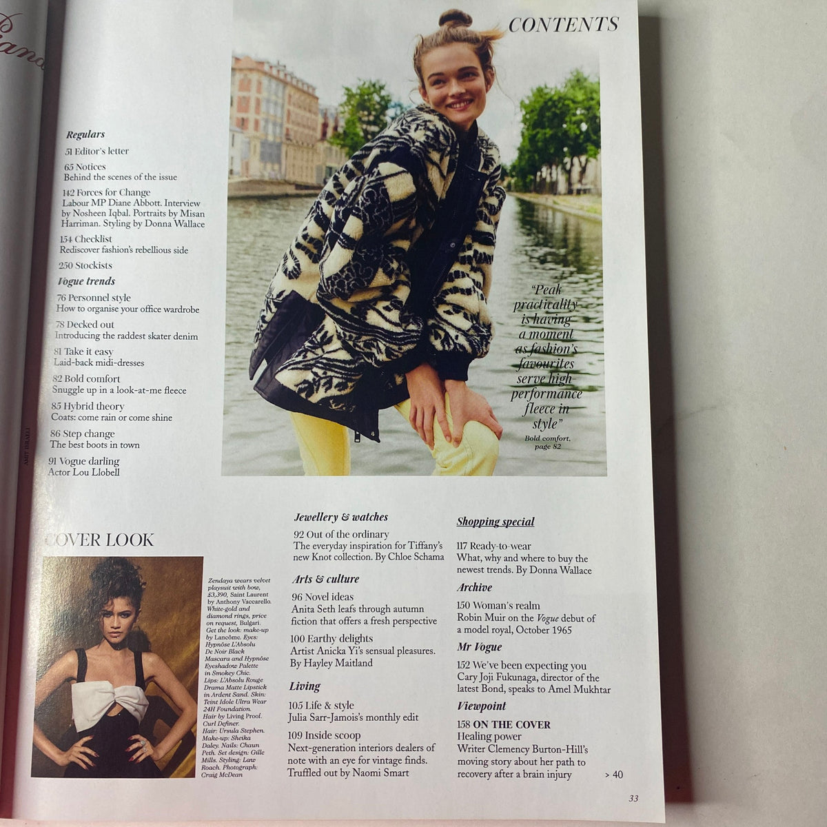 Vogue British Magazine October 2021 Zendaya Cover No Label - Table of contents showcasing magazine features, including editorial notes and shopping advice.