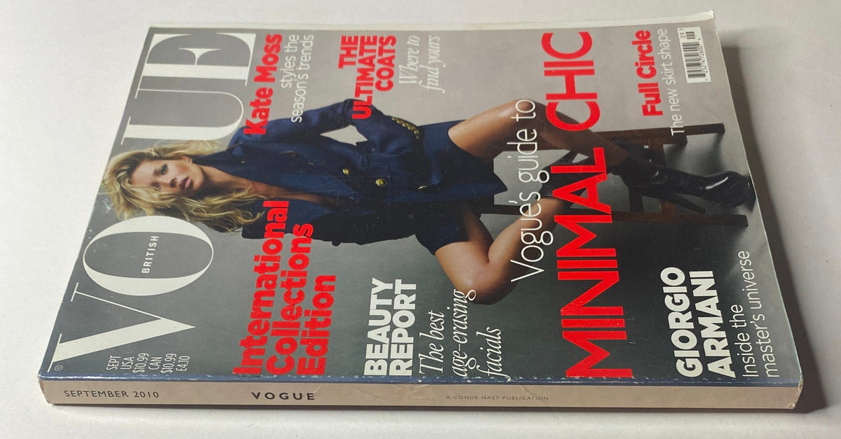 Cover of Vogue British Magazine September 2010 featuring Kate Moss styled in Dior Homme. The issue highlights minimalism and seasonal fashion trends.