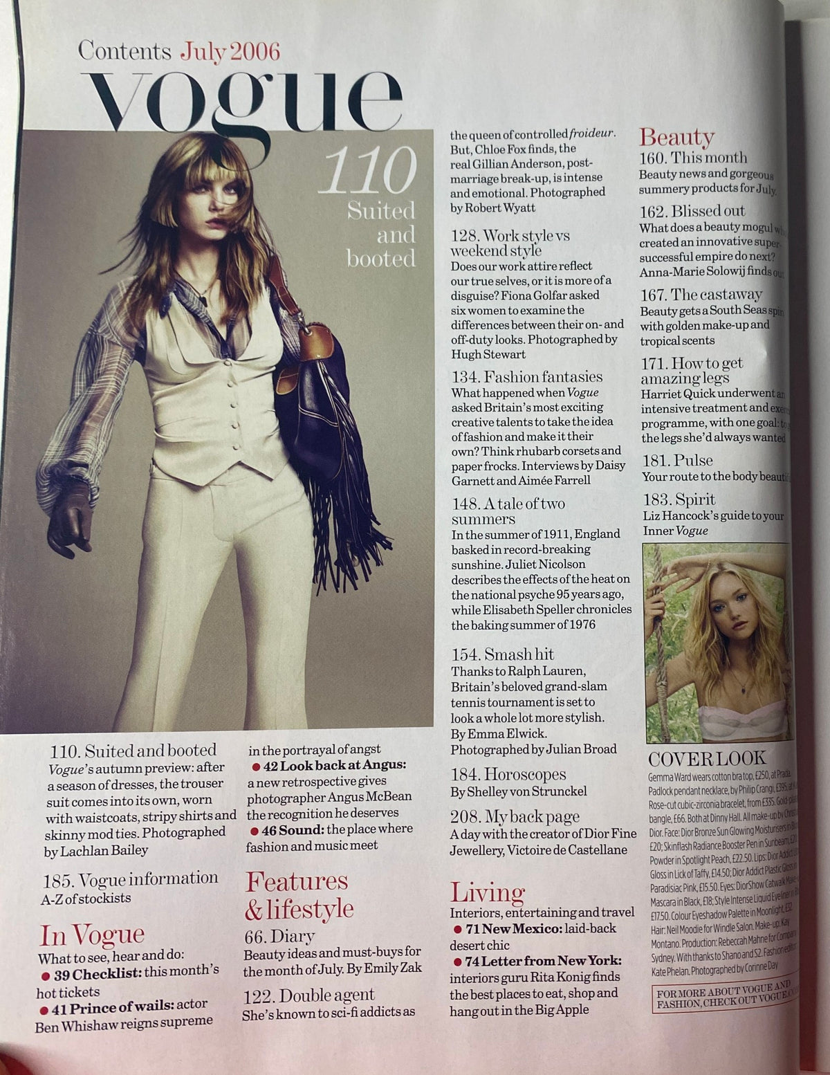 Second contents page of Vogue British Magazine July 2006 listing sections 'Suited and Booted' and 'Living & Culture', focusing on fashion features and lifestyle.