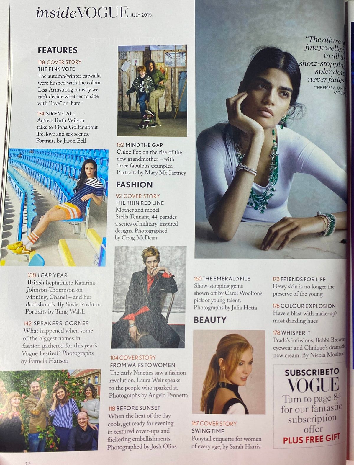 Inside content page of Vogue British Magazine July 2015, detailing feature stories including 'The Pink Vote' and 'Mind the Gap,' highlighting fashion and cultural topics.