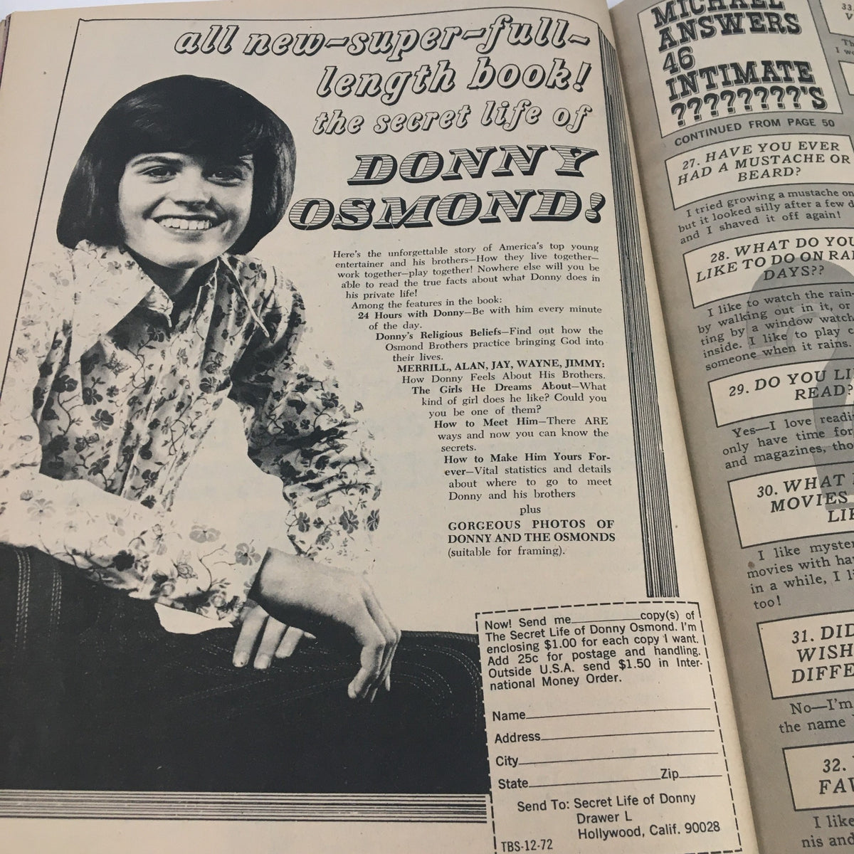 Vintage advertisement featuring Donny Osmond from the Tiger Beat Spectacular Magazine December 1972, showcasing articles about his life and career.
