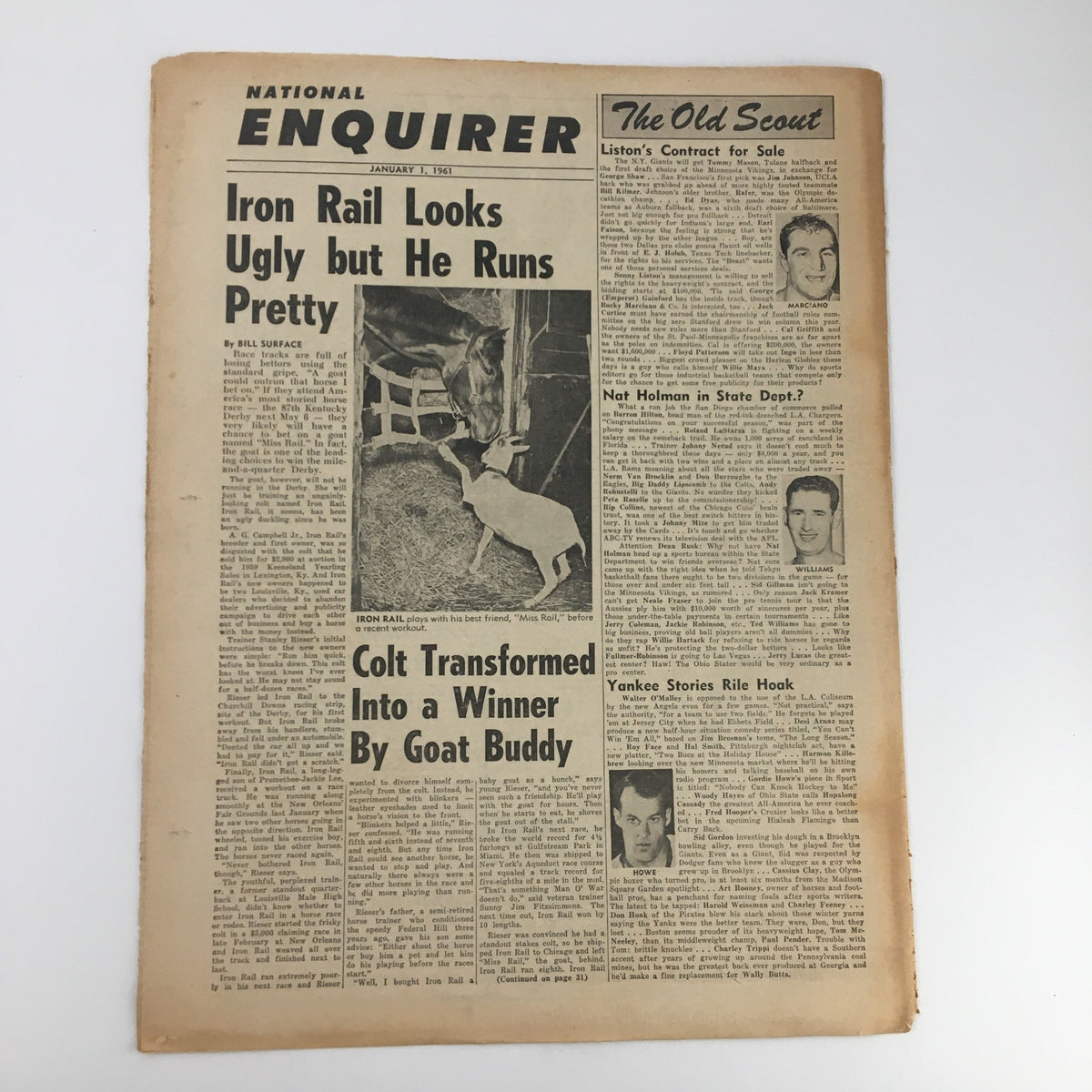 Front page of National Enquirer Paper January 1 1961, presenting the article 'Colt Transformed Into a Winner By Goat Buddy' along with other headlines.