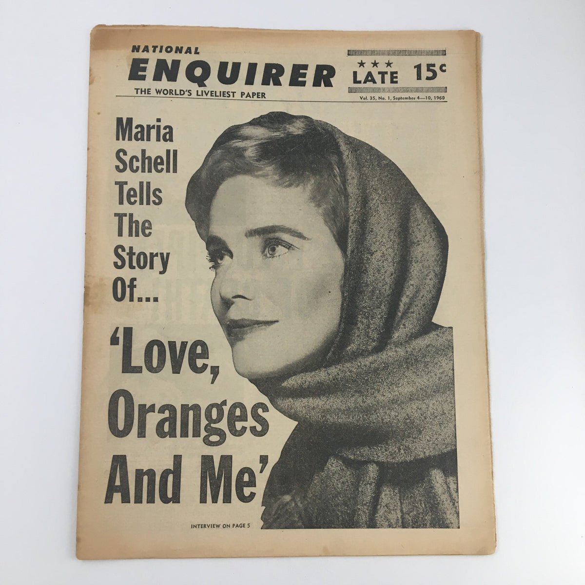 Cover of National Enquirer Paper September 4 1960 featuring Maria Schell and her story 'Love, Oranges And Me' with a vintage aesthetic.
