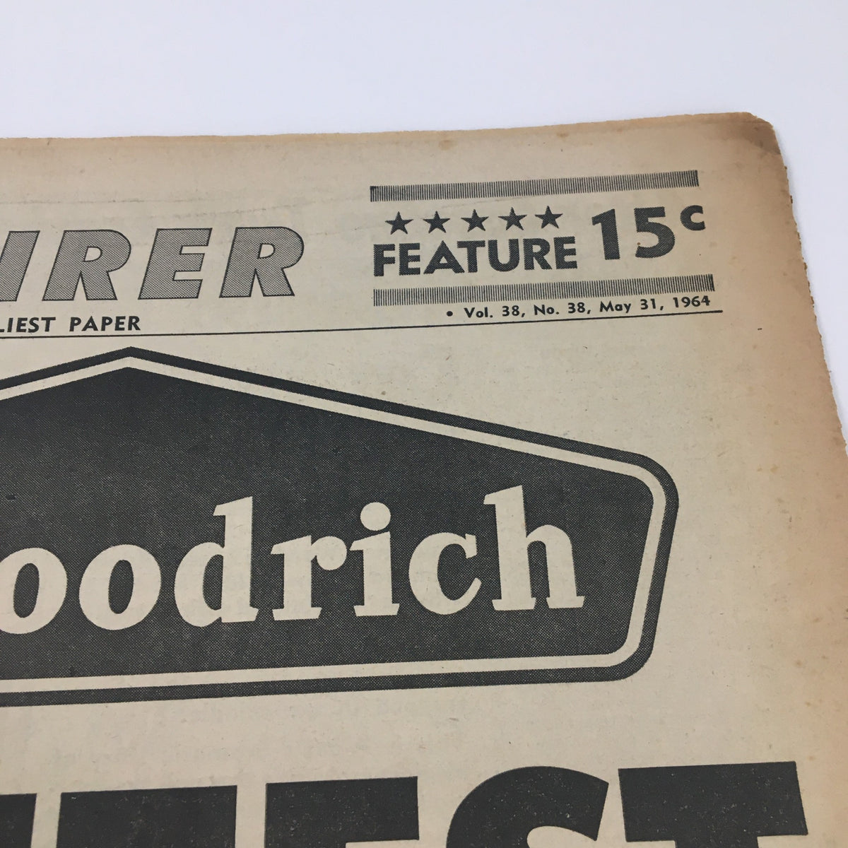 Close-up of the National Enquirer Newspaper May 31 1964 showing the feature section and B.F. Goodrich branding.