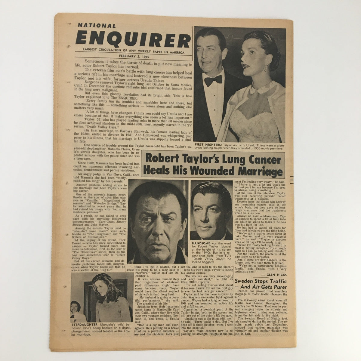 National Enquirer Newspaper February 2 1969 featuring sensational headlines including Robert Taylor's Lung Cancer Heals His Wounded Marriage, showcasing classic journalism from the late 1960s.