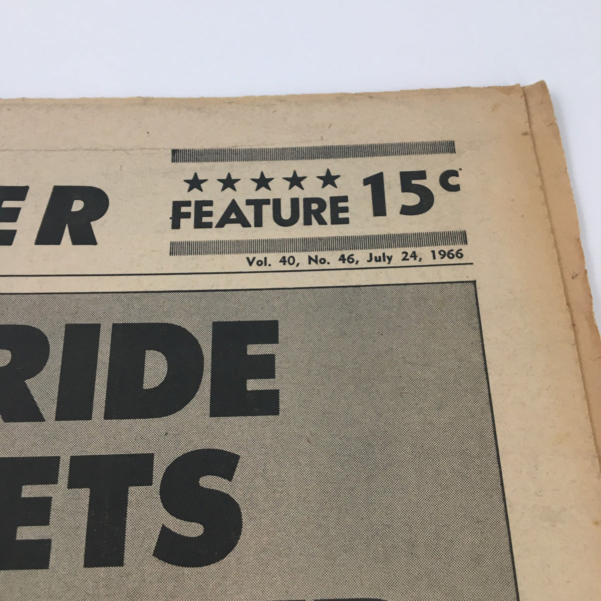 Detail of the National Enquirer Newspaper headline from July 24, 1966 highlighting the feature price of 15 cents.