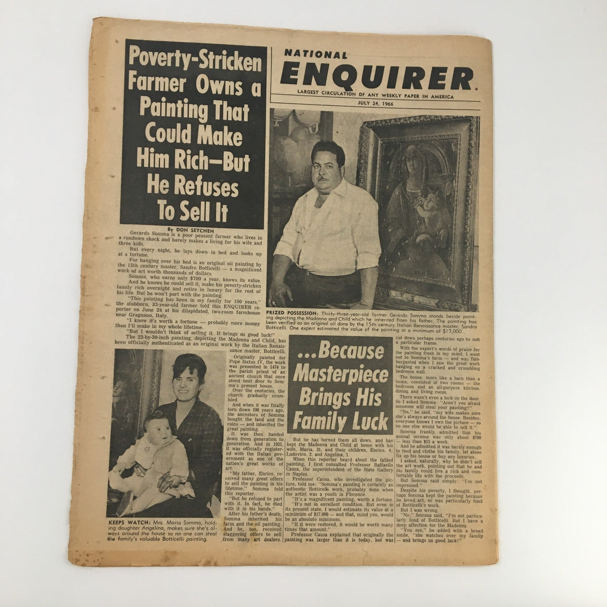 Article from the National Enquirer Newspaper July 24, 1966 about a poverty-stricken farmer who refuses to sell a valuable painting.