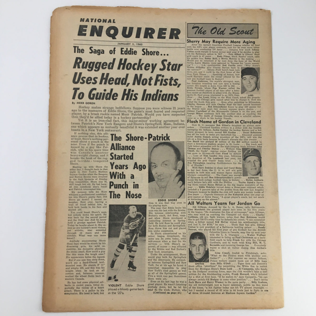 National Enquirer Newspaper January 3 1960 featuring the headline about Eddie Shore and coverage on Giorgia Moll's warning to prospective suitors.
