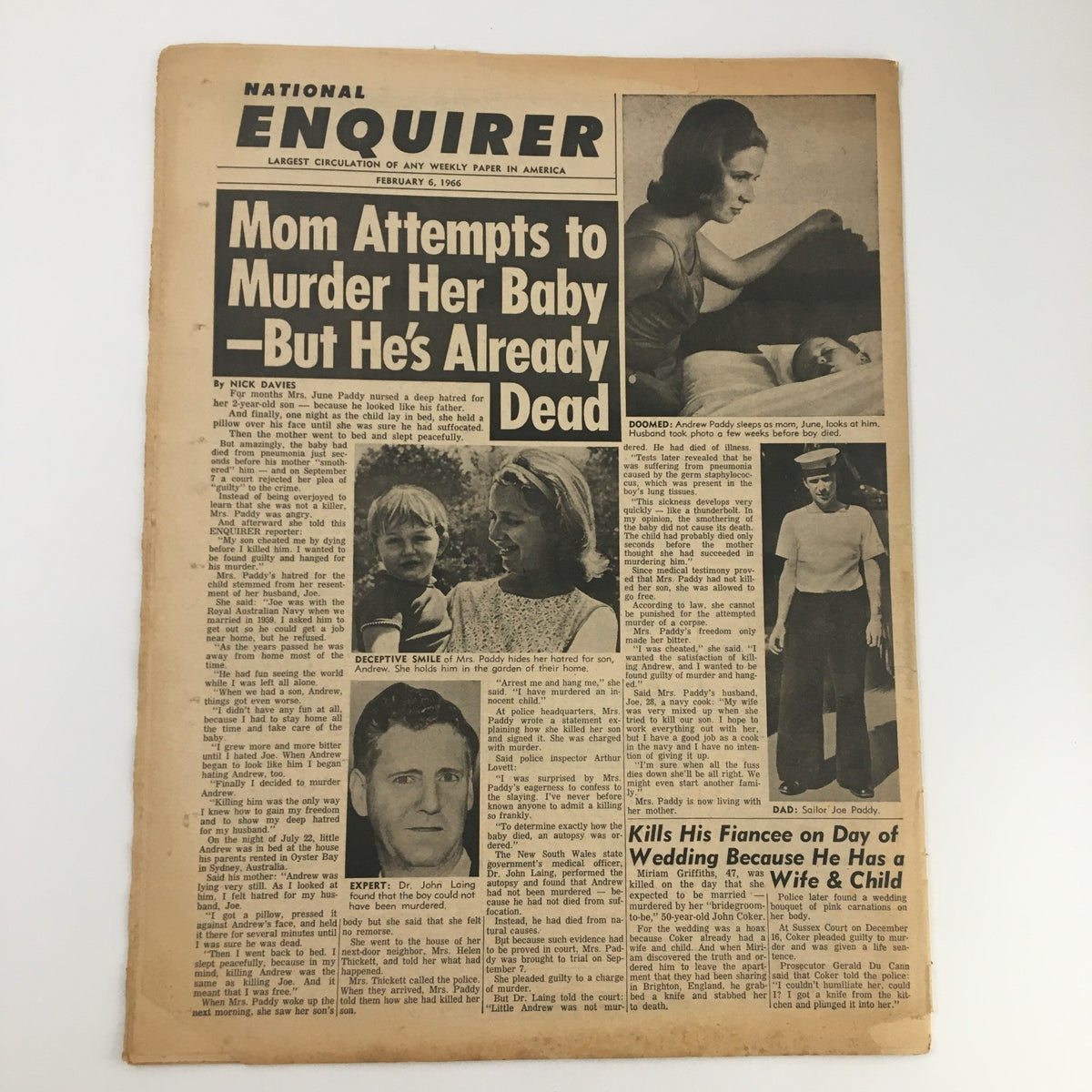 Another edition of the National Enquirer Newspaper from February 1, 1966 illustrating sensational stories from the time period.