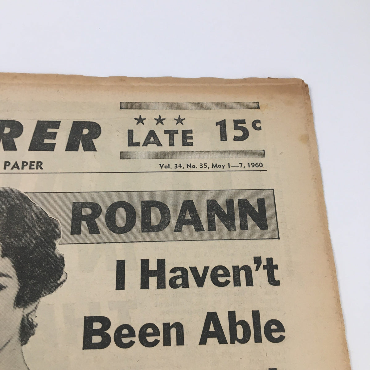 Close-up of National Enquirer Newspaper dated May 1, 1960 highlighting Ziva Rodann's quote, "I Haven't Been Able To Catch MY Man Yet!"