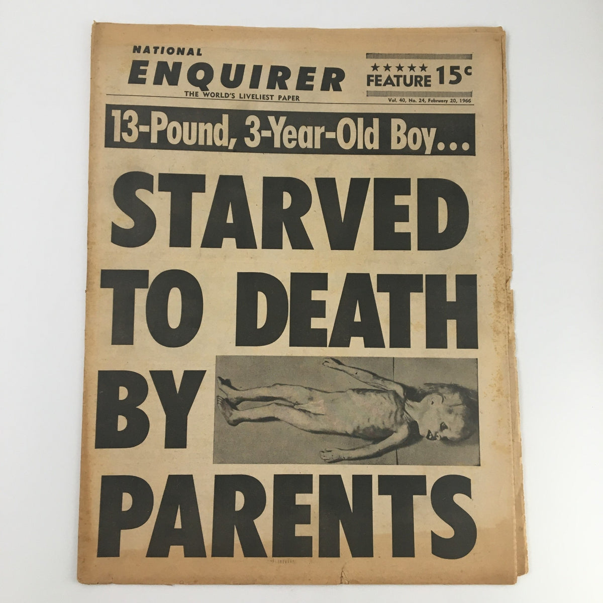 National Enquirer Newspaper February 20, 1966, featuring the headline '13-Pound, 3-Year-Old Boy... Starved to Death by Parents', showcasing the vintage design and sensational journalism style of the 1960s.