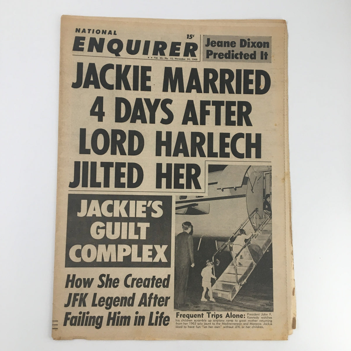 National Enquirer Newspaper from November 24, 1968 featuring the headline 'Jackie Married 4 Days After Lord Harlech Jilted Her'. The cover discusses 'Jackie's Guilt Complex' and how she created the JFK legend after his death, making this a notable piece for vintage magazine collectors.
