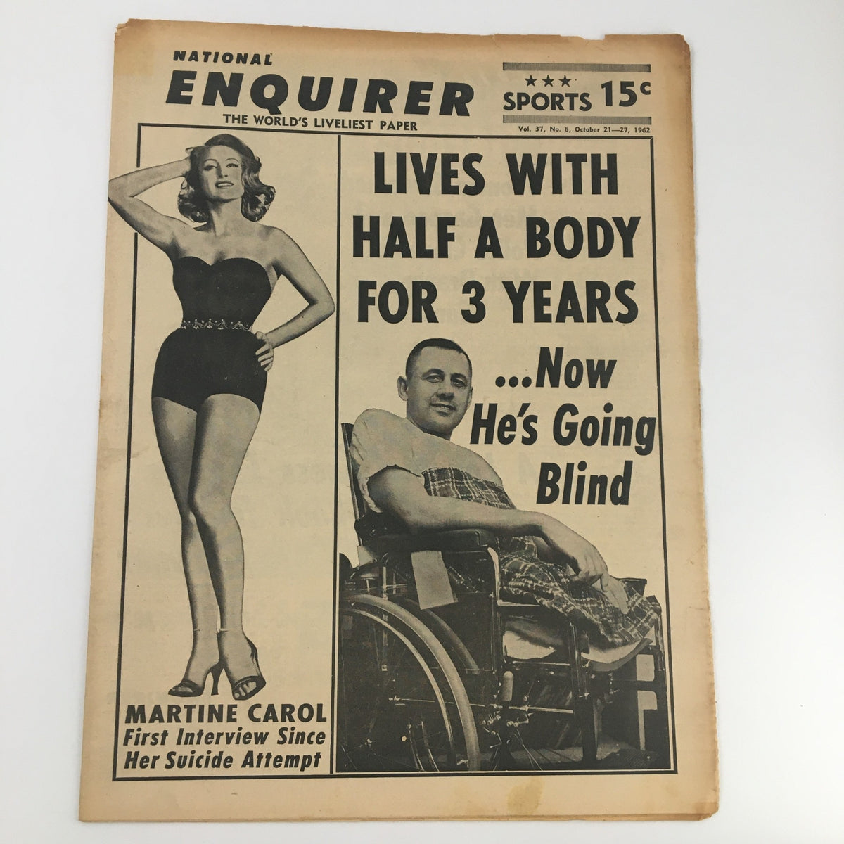 National Enquirer newspaper cover from October 21, 1962 featuring Martine Carol's first interview after her suicide attempt, with a striking image of a woman in a black swimsuit.
