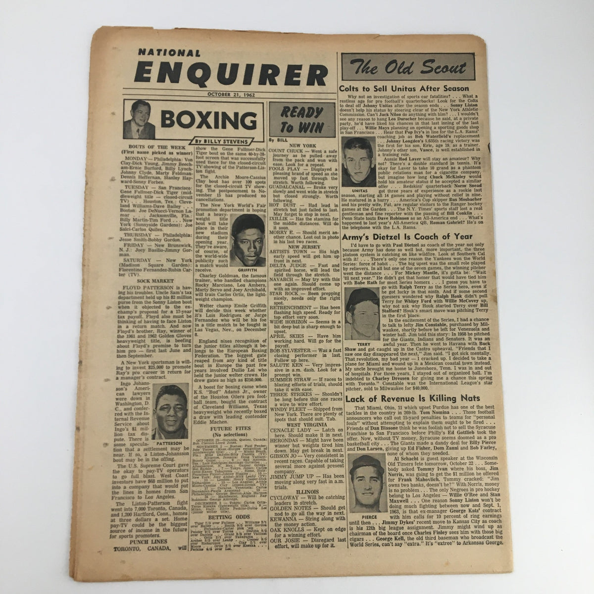 Back page of the National Enquirer dated October 21, 1962, featuring boxing news and other headlines from the same issue.
