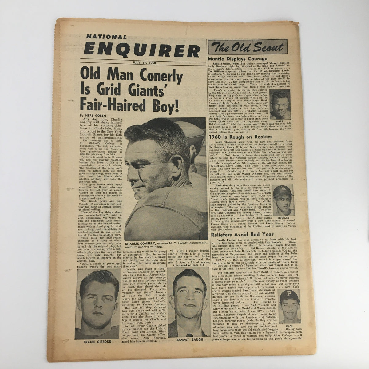 Interior page of National Enquirer Newspaper dated July 17 1960, showcasing the headline 'Old Man Conerly Is Grid Giants’ Fair-Haired Boy' along with additional articles.
