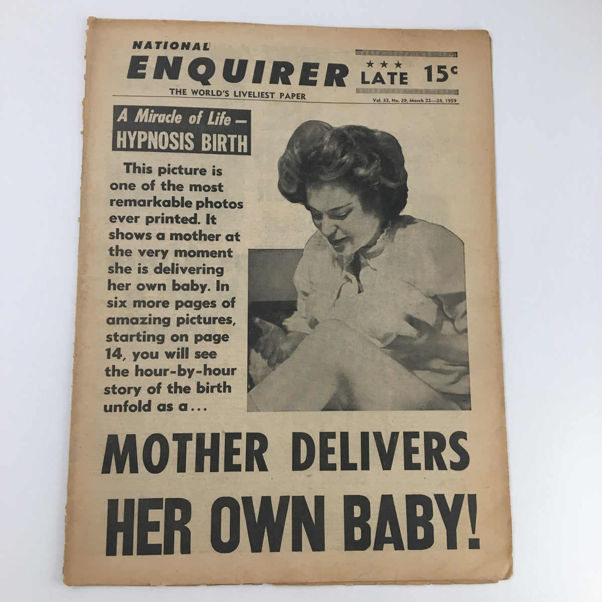 National Enquirer Newspaper March 22 1959, featuring the cover story 'A Miracle of Life: Hypnosis Birth', showcasing a mother in childbirth. This historic image highlights a groundbreaking moment in childbirth practices.