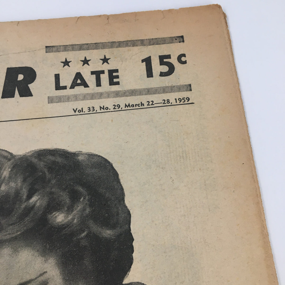 Detail of the National Enquirer Newspaper March 22 1959, focusing on the title and date indicating the issue’s significance in discussing hypnosis during childbirth.