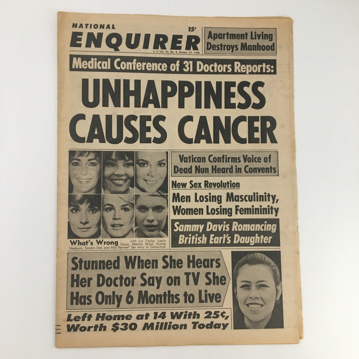 Front cover of the National Enquirer newspaper dated October 27, 1968 featuring headlines about medical reports on unhappiness causing cancer, and a photo collage of notable women including Elizabeth Taylor and Leslie Hepburn.